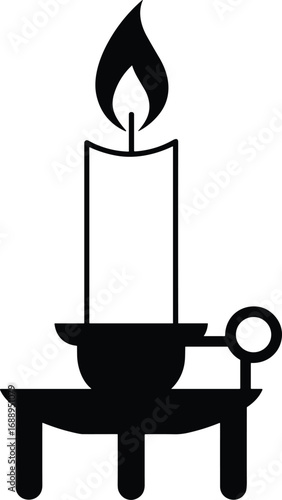 Black candle silhouette, burning candle icon, vintage candle holder, candle flame vector, classic candle illustration, simple candle graphic, lighting symbol.