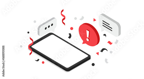 Isometric smartphone alert with notification icons and confetti
