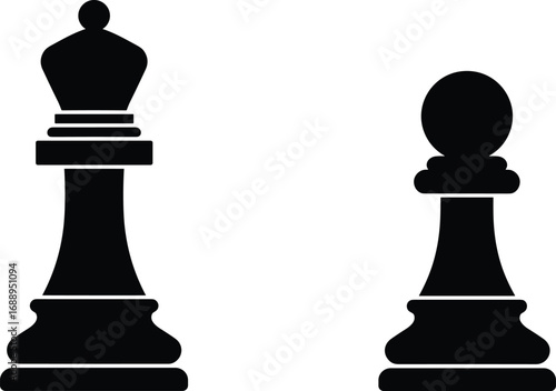 Black chess queen and pawn pieces, strategic board game icons, classic chess symbols, isolated vector illustration, intellectual game elements.