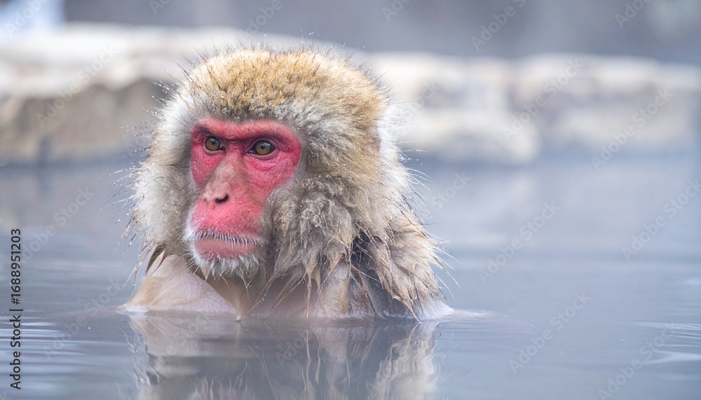 Naklejka premium A snow monkey resting in warm mist, red face marked by deep gaze