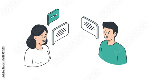Isometric chat illustration with two people in conversation