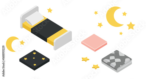 Isometric bedroom set with bed, pillows, moons, and stars