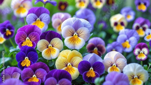 Colorful pansies in shades of purple, yellow, and white, blooming vibrantly with green foliage.