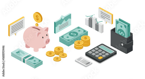 Isometric financial planning with piggy bank, calculator, and dollar bills