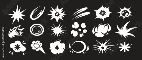 Cartoon Comic Book Explosion Effects: White on Black Background