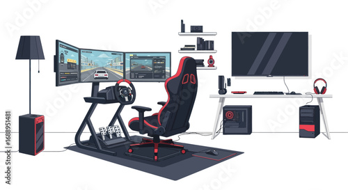 A complete racing simulator rig featuring a gaming chair, steering wheel, pedals, and an immersive triple monitor setup for virtual driving.