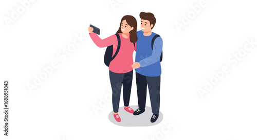 Couple taking a selfie in casual outfits with backpacks