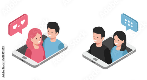 Isometric online dating concept with couples emerging from smartphones