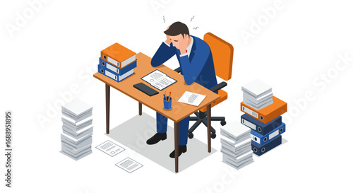 Stressed office worker at desk surrounded by paperwork in isometric style