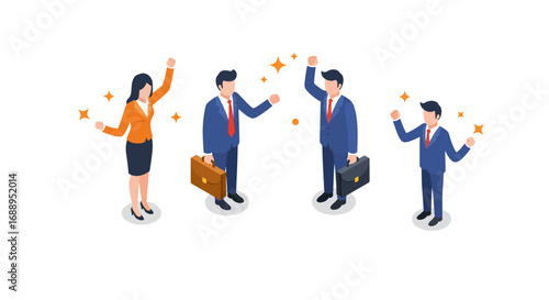 Isometric business team celebrating success with briefcases and formal attire