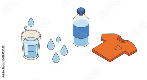 Isometric water elements with glass, bottle, and orange shirt