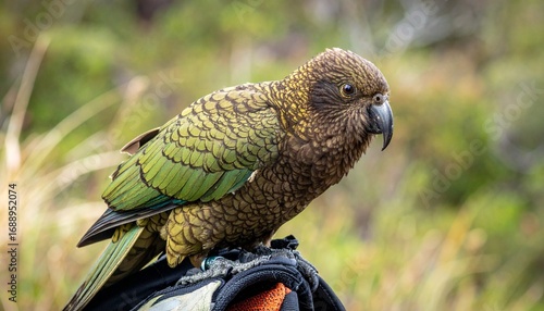 A kea bird sitting on gear, gaze filled with cheeky curiosity