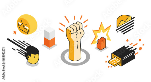 Bold isometric icons of expression and creativity with dynamic elements