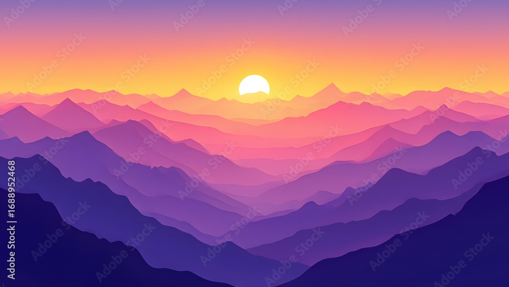 Obraz premium Sunset over layered mountains with gradient colors in a vector art style design look