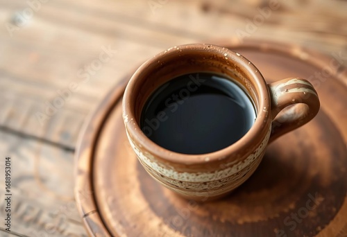 Rustic, hand-thrown coffee cup with textured clay surface,  beige,  cocoa