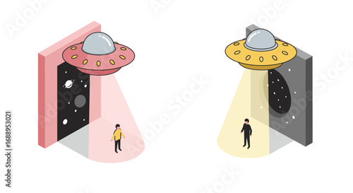 Isometric ufo encounters: surreal doorways with human silhouettes