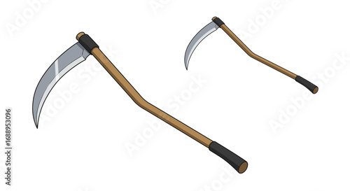 Traditional scythe tools on white background: agricultural equipment in flat style