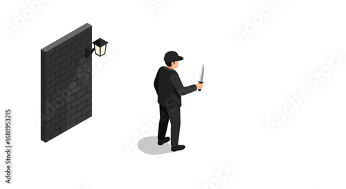 Isometric illustration of mysterious figure holding knife near brick wall with lantern