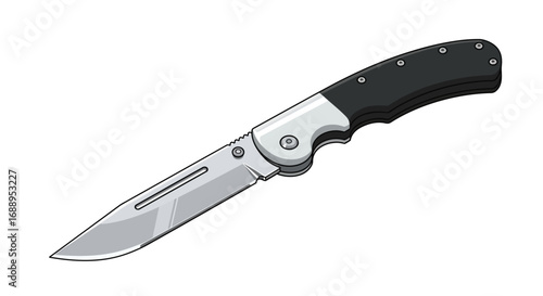 Detailed folding pocket knife with black handle on white background