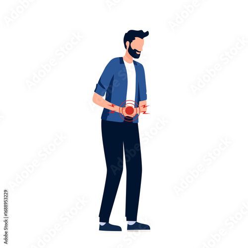 Male Character Experiencing Abdominal Discomfort, Symptom Of Gastritis. Man Feel Pain, And Discomfort In The Stomach Area, Often Accompanied By Indigestion. Cartoon People Vector Illustration