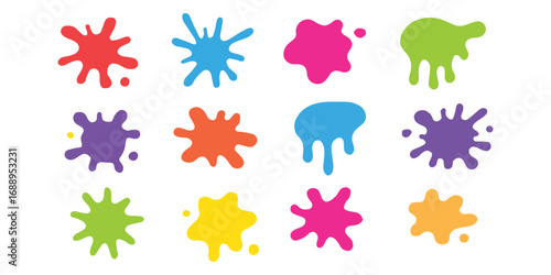 Color ink blots. Colorful paint splatters and drips in organic splashes. Bright, playful, bold abstract graffiti spots for kids art blobs, comics, pop art design. Vector isolated set