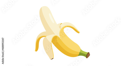 Freshly peeled banana with bright yellow skin on white background