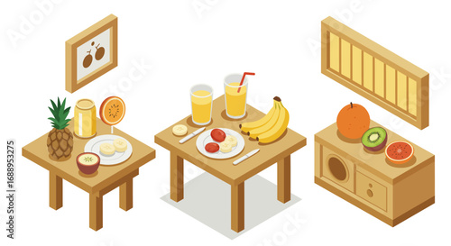 Isometric kitchen tables with fresh fruits and juices
