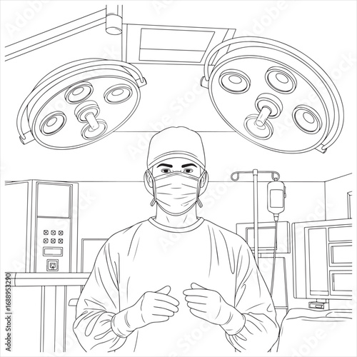 Professional Surgeon Preparing for Operation in a Modern Operating Room – Detailed Line Art Vector Illustration
