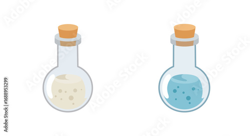 Colorful potion bottles with cork lids on white background