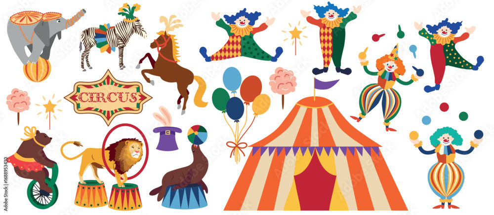 Obraz premium Circus chapito set. Vector characters of strongman, clown, juggler and magician. Cute elephant, lion, horse, zebra, seal and bear on circus stage
