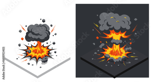 Dynamic isometric explosion on white and black backgrounds