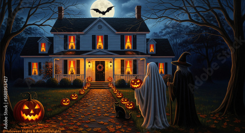 Enchanting Halloween Night Spooky House with Glowing Jack-o-Lanterns, Full Moon, Bat, Ghost, and Witch Trick-or-Treating