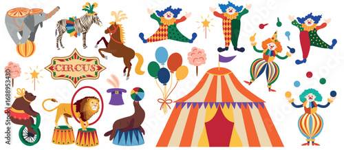 Circus chapito set. Vector characters of strongman, clown, juggler and magician. Cute elephant, lion, horse, zebra, seal and bear on circus stage