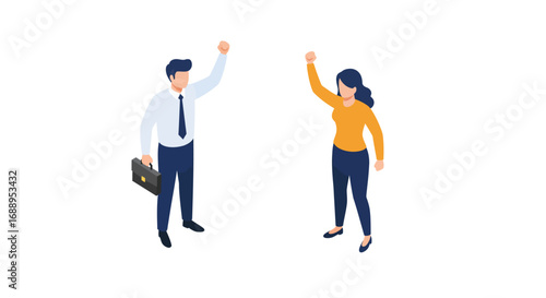 Isometric business people cheering: male and female with raised fists