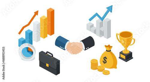 Business growth and success: isometric handshake with charts and awards