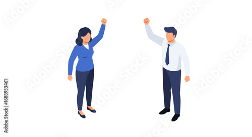 Business colleagues celebrating success with raised fists in isometric style