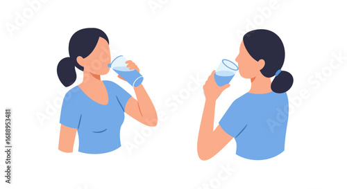 Isometric female figures drinking water in minimalist style