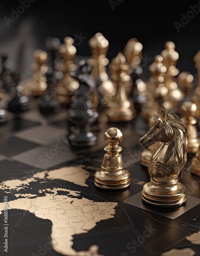 Golden chess pieces stand on a world map chessboard, suggesting strategic global power plays.