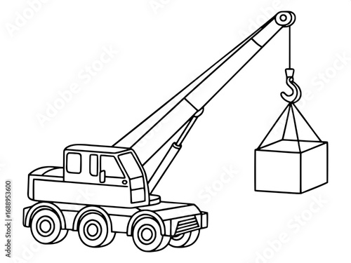 A simple, line-art style mobile crane on wheels, with its boom extended upward and hook carrying a concrete block. The vehicle’s cab and wheels are drawn with precision, all set against a plain white 
