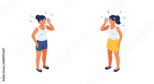 Isometric women with cold compress for pain relief on injured shoulder