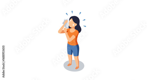 Isometric girl cooling down with cold drink in summer heat