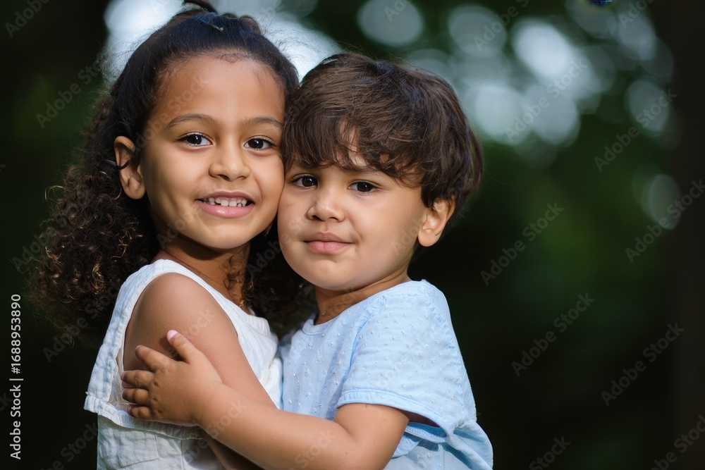 Fototapeta premium Two Young Girls Hugging Outdoors - Portrait of Childhood Friendship