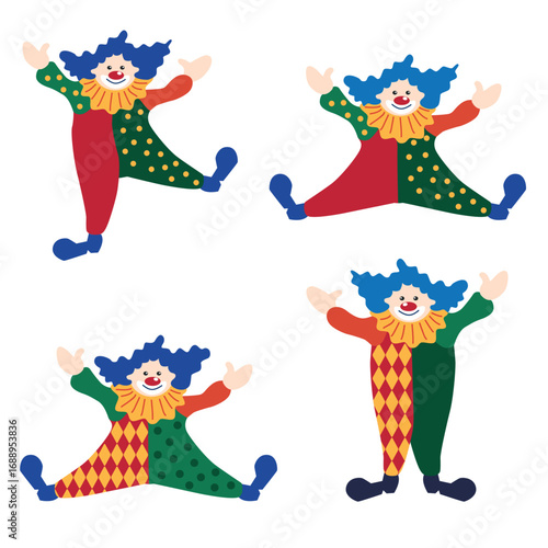 Circus chapito set. Vector characters of strongman, clown, juggler and magician. Cute elephant, lion, horse, zebra, seal and bear on circus stage
