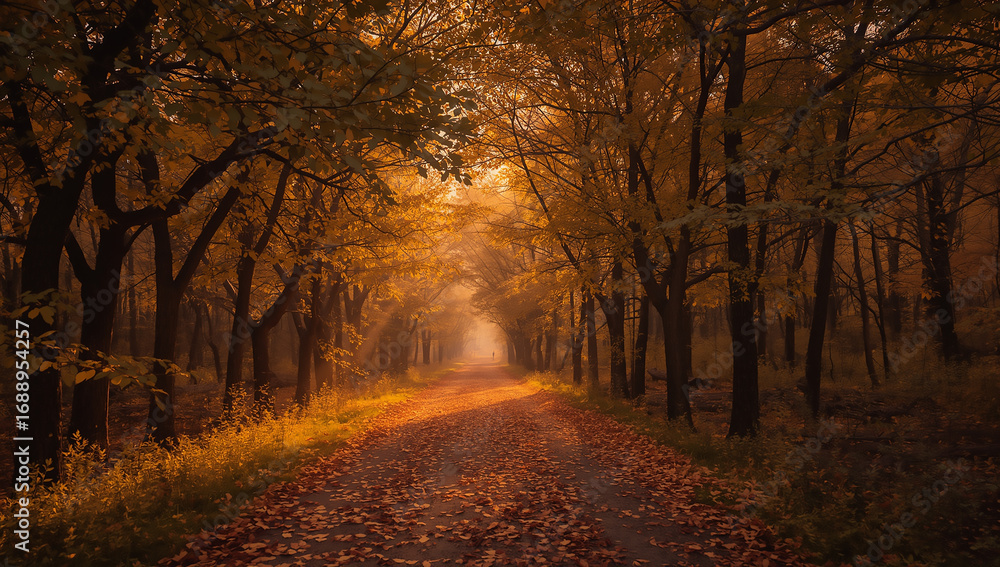 Fototapeta premium Photorealistic wide shot of a misty forest path covered in golden autumn leaves with sunbeams filtering through the trees