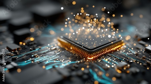 電子回路基板上のマイクロチップから光の粒子とデータフローが放たれる様子 | Microchip on a Circuit Board with Glowing Particles and Data Flow Emanating