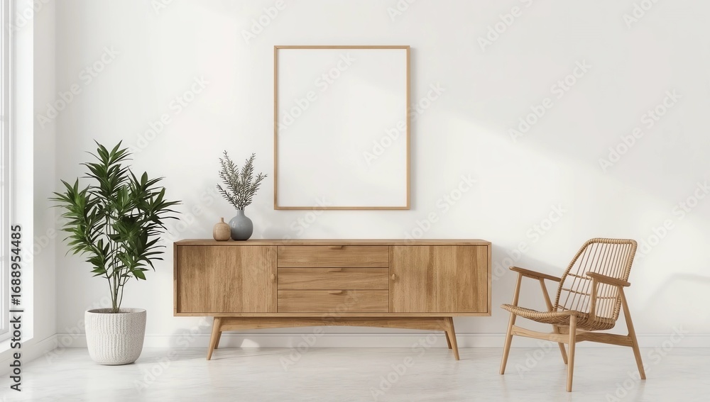 Fototapeta premium Frame mockup. Living room interior wall mockup. Wall art. 3d rendering, 3d illustration