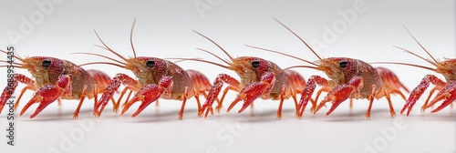 Row of red crawfish in horizontal alignment