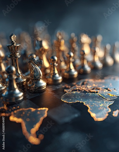 Golden chess pieces stand on a global world map, illuminating a strategic  of international proportions.