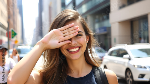 Smiling woman covers eyes with hand on busy urban street with blurred buildings in daylight; shyness happiness.