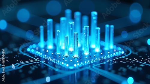 Futuristic glowing blue microchip technology abstract